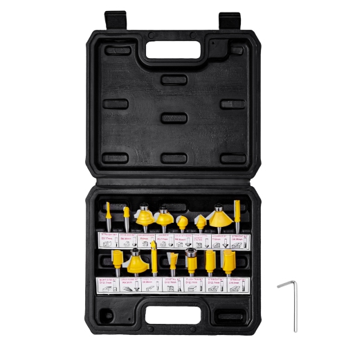 VEVOR 15 Pieces Router Bits Set, Carbide Router Bit Kit with 1/4 Inch Shank, Plastic Carrying Case, Woodworking Tools for Professional and Beginners