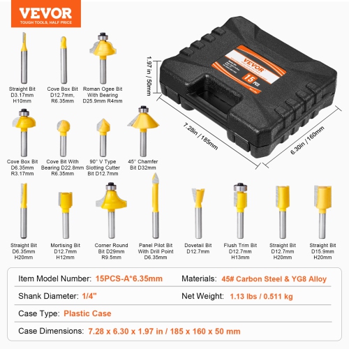 VEVOR 15 Pieces Router Bits Set, Carbide Router Bit Kit with 1/4 Inch Shank, Plastic Carrying Case, Woodworking Tools for Professional and Beginners