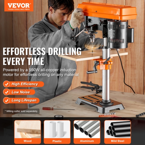 VEVOR 10 in Benchtop Drill Press, 6.2A Induction Motor, Tabletop Drilling Machine with 610 / 940 / 1500 / 2150 / 2800 RPM Adjustable Speed, 0-45°