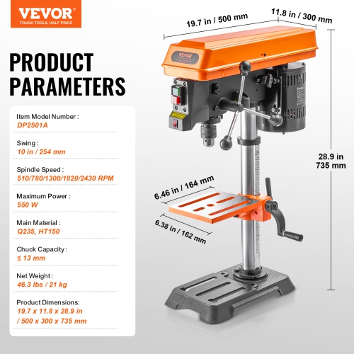 VEVOR 10 in Benchtop Drill Press, 6.2A Induction Motor, Tabletop Drilling Machine with 610 / 940 / 1500 / 2150 / 2800 RPM Adjustable Speed, 0-45°
