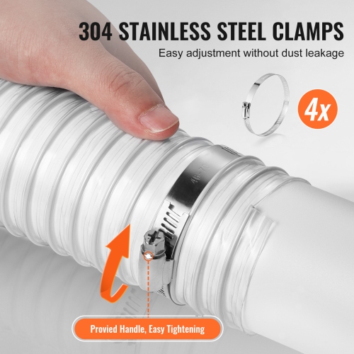 VEVOR 2.5'' x 20' Dust Collection Hose, Thickened PVC Material Puncture-Resistant Flexible Clear Hose with Carbon Steel Wire Coil 4 x 304 Stainless