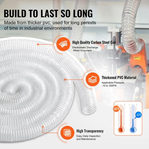 VEVOR 2.5'' x 20' Dust Collection Hose, Thickened PVC Material Puncture-Resistant Flexible Clear Hose with Carbon Steel Wire Coil 4 x 304 Stainless
