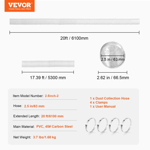 VEVOR 2.5'' x 20' Dust Collection Hose, Thickened PVC Material Puncture-Resistant Flexible Clear Hose with Carbon Steel Wire Coil 4 x 304 Stainless