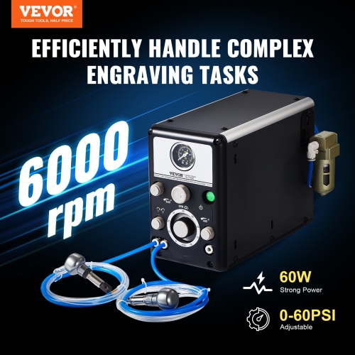 VEVOR 60W Pneumatic Jewelry Engraver, 1200-6000 RPM Adjustable, Dual Head Pneumatic Engraving Machine, DIY Impact Engraver with Small Pedal, Stone