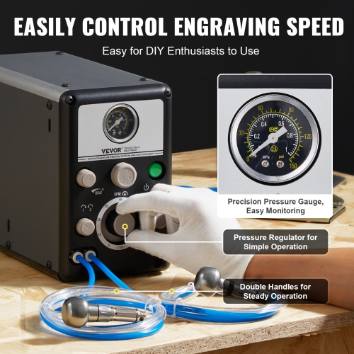 VEVOR 60W Pneumatic Jewelry Engraver, 1200-6000 RPM Adjustable, Dual Head Pneumatic Engraving Machine, DIY Impact Engraver with Small Pedal, Stone