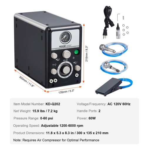 VEVOR 60W Pneumatic Jewelry Engraver, 1200-6000 RPM Adjustable, Dual Head Pneumatic Engraving Machine, DIY Impact Engraver with Small Pedal, Stone