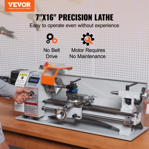 VEVOR 7'' x 16'' Compact Metal Lathe, 800W, Precision Desktop Metalworking Lathe, Variable Speed 150-2500 RPM, Includes 3.9'' 3-jaw Chuck & Tool Box
