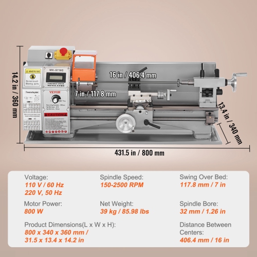 VEVOR 7'' x 16'' Compact Metal Lathe, 800W, Precision Desktop Metalworking Lathe, Variable Speed 150-2500 RPM, Includes 3.9'' 3-jaw Chuck & Tool Box
