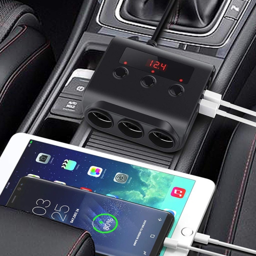 Chargeur intelligent pour l'auto à 4 ports USB et 3 prises 120&nbsp;W avec affichage DEL, protection contre les surcharges et commutateur indépendant