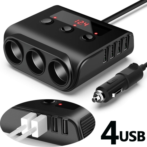 Chargeur intelligent pour l'auto à 4 ports USB et 3 prises 120&nbsp;W avec affichage DEL, protection contre les surcharges et commutateur indépendant