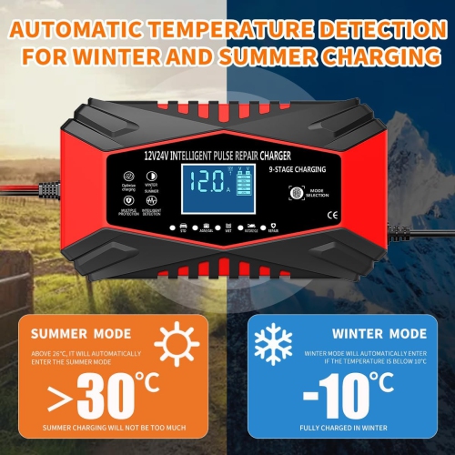 All-in-one automatic sensing 12V battery charger - intelligent pulse maintenance with LCD voltage/temperature display, suitable for motorcycle/car