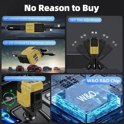 Car Phone Charger with LED Display – 800mm Retractable Cord, 180° Rotation, Super Fast Charging, Safe and Fast Charging