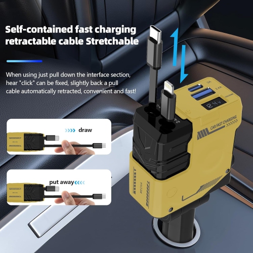 Car Phone Charger with LED Display – 800mm Retractable Cord, 180° Rotation, Super Fast Charging, Safe and Fast Charging