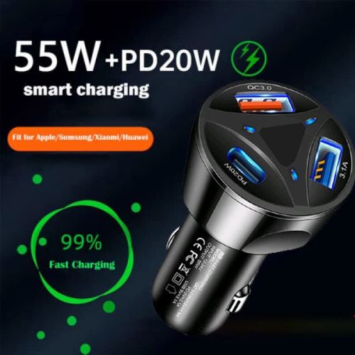 Chargeur pour l'auto 55&nbsp;W de chargement rapide – Prise 20&nbsp;W PD, USB double - QC 3.0/3.1&nbsp;A | Chargez trois appareils simultanément |