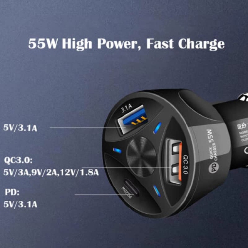 Chargeur pour l'auto 55&nbsp;W de chargement rapide – Prise 20&nbsp;W PD, USB double - QC 3.0/3.1&nbsp;A | Chargez trois appareils simultanément |