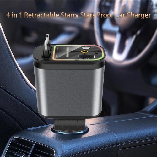 Chargeur pour l'auto 4-en-1 Nuit étoilée – Câble de données rétractable + chargement rapide + éclairage ambiant LED + affichage de tension |