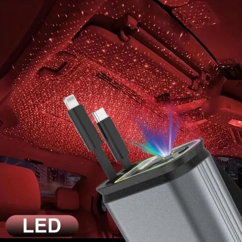 Chargeur pour l'auto 4-en-1 Nuit étoilée – Câble de données rétractable + chargement rapide + éclairage ambiant LED + affichage de tension |