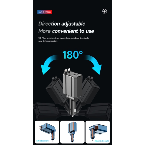 Adaptateur de chargeur intelligent pour l'auto – sortie 5&nbsp;V/3,1&nbsp;A, chargement super rapide, 4-en-1 avec câble, chargeur rétractable pour