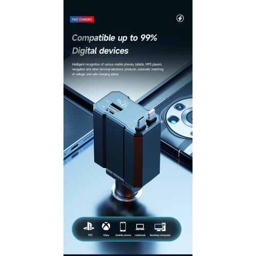 Adaptateur de chargeur intelligent pour l'auto – sortie 5&nbsp;V/3,1&nbsp;A, chargement super rapide, 4-en-1 avec câble, chargeur rétractable pour