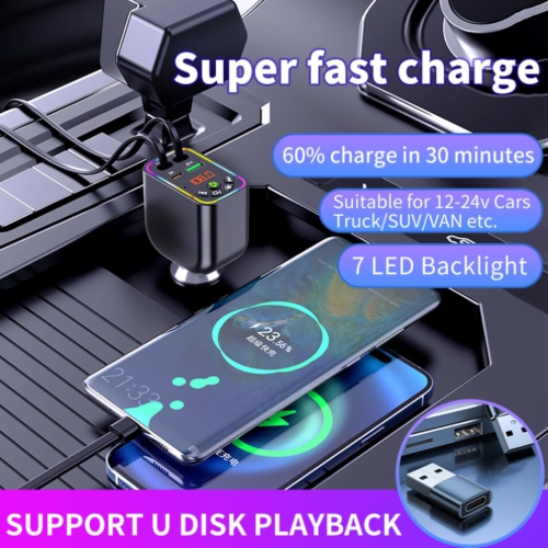 Car Bluetooth MP3 charger, mobile phone retractable cable, fast charging, digital display, color light, car charger, cigarette lighter, USB player,