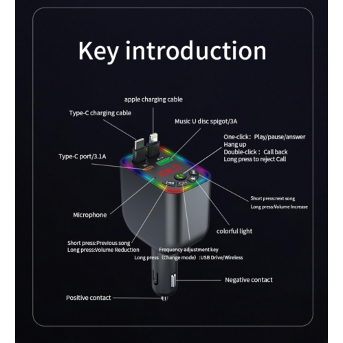 Car Bluetooth MP3 charger, mobile phone retractable cable, fast charging, digital display, color light, car charger, cigarette lighter, USB player,