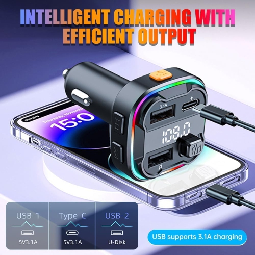 Chargeur émetteur FM sans fil pour l'auto avec recharge rapide – Bluetooth 5,3, prise en charge USB, navigation vocale, protection contre les