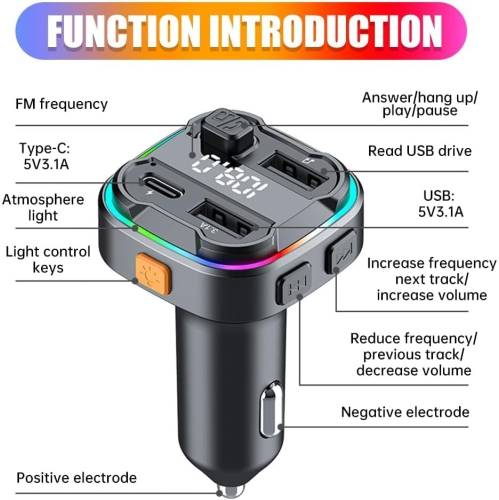 Chargeur émetteur FM sans fil pour l'auto avec recharge rapide – Bluetooth 5,3, prise en charge USB, navigation vocale, protection contre les