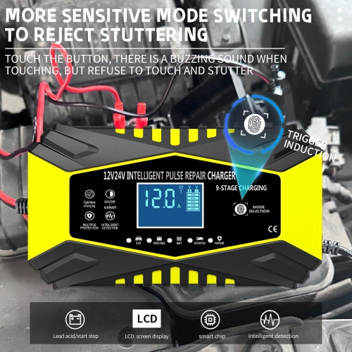 All-in-one automatic sensing 12V battery charger - intelligent pulse maintenance with LCD voltage/temperature display, suitable for motorcycle/car