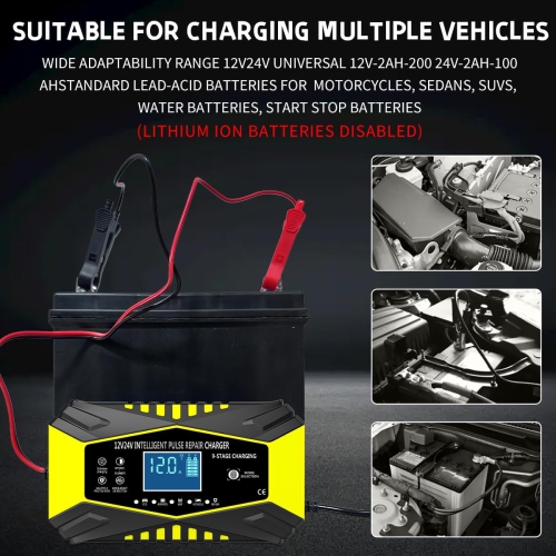 All-in-one automatic sensing 12V battery charger - intelligent pulse maintenance with LCD voltage/temperature display, suitable for motorcycle/car