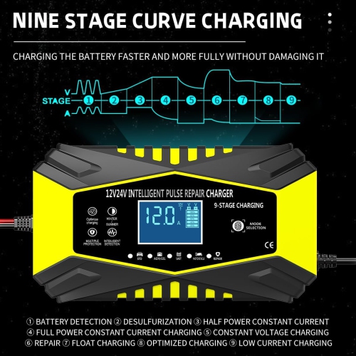 All-in-one automatic sensing 12V battery charger - intelligent pulse maintenance with LCD voltage/temperature display, suitable for motorcycle/car
