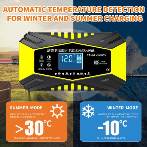 All-in-one automatic sensing 12V battery charger - intelligent pulse maintenance with LCD voltage/temperature display, suitable for motorcycle/car