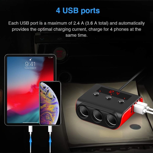 Chargeur intelligent pour l'auto à 4 ports USB et 3 prises 120&nbsp;W avec affichage DEL, protection contre les surcharges et commutateur indépendant