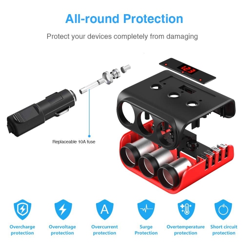 Chargeur intelligent pour l'auto à 4 ports USB et 3 prises 120&nbsp;W avec affichage DEL, protection contre les surcharges et commutateur indépendant