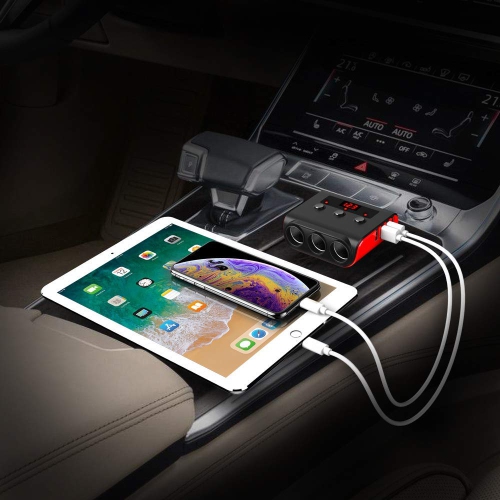 Chargeur intelligent pour l'auto à 4 ports USB et 3 prises 120&nbsp;W avec affichage DEL, protection contre les surcharges et commutateur indépendant