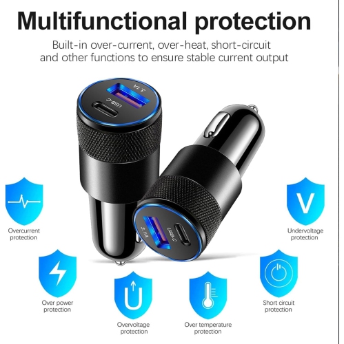 Chargeur pour l'auto USB+PD en métal avec fonction de protection de charge Chargeur pour l'auto de téléphone mobile Chargeur pour l'auto