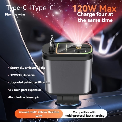Chargeur pour l'auto 4-en-1 Nuit étoilée – Câble de données rétractable + Recharge rapide + Lumière ambiante LED + Affichage de la tension |