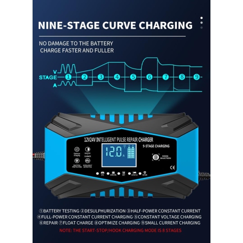 All-in-one automatic sensing 12V battery charger - intelligent pulse maintenance with LCD voltage/temperature display, suitable for motorcycle/car