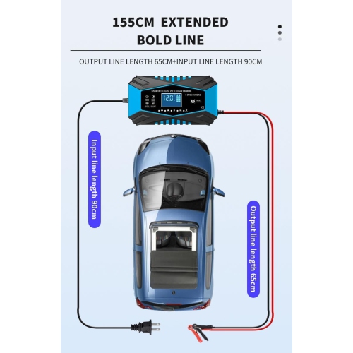 All-in-one automatic sensing 12V battery charger - intelligent pulse maintenance with LCD voltage/temperature display, suitable for motorcycle/car
