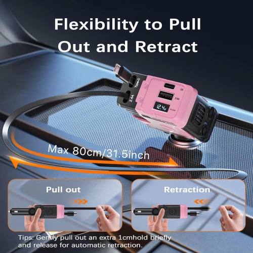 Adaptateur de chargeur de téléphone d'auto 120&nbsp;W de qualité supérieure – Conception rétractable anti-enchevêtrement, écran LED, chargement super