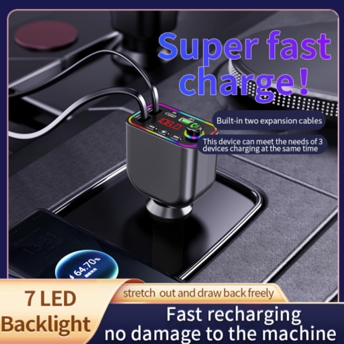 Chargeur de voiture intelligent, lecteur MP3 de voiture, émetteur FM, câble rétractable intégré, chargement rapide, chargeur de téléphone mobile,