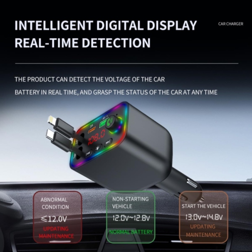 Chargeur de voiture intelligent, lecteur MP3 de voiture, émetteur FM, câble rétractable intégré, chargement rapide, chargeur de téléphone mobile,