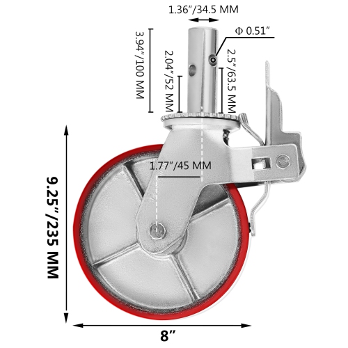 VEVOR Scaffolding Wheels Set, Heavy Duty 4-Pack 8" Scaffolding Casters, with 4400 Lbs Per Set and Locking Stem Casters with Brake, Polyurethane