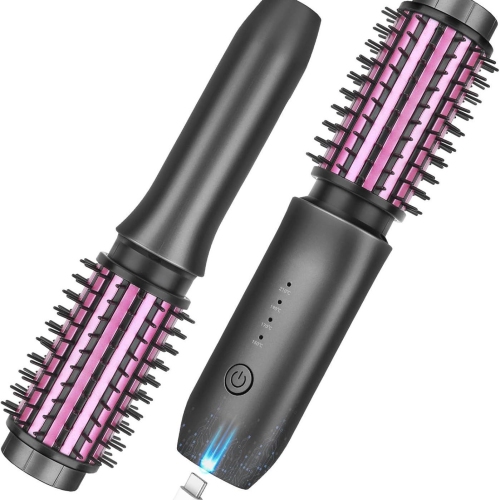 Cordless Curling Iron Brush,Portable Travel Curling Iron Mini Brush,USB Rechargeable Curling Wand Brush-Pink