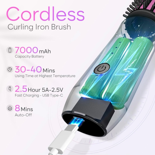 Cordless Curling Iron Brush,Portable Travel Curling Iron Mini Brush,USB Rechargeable Curling Wand Brush-Pink
