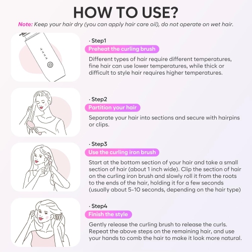 Cordless Curling Iron Brush,Portable Travel Curling Iron Mini Brush,USB Rechargeable Curling Wand Brush-Pink