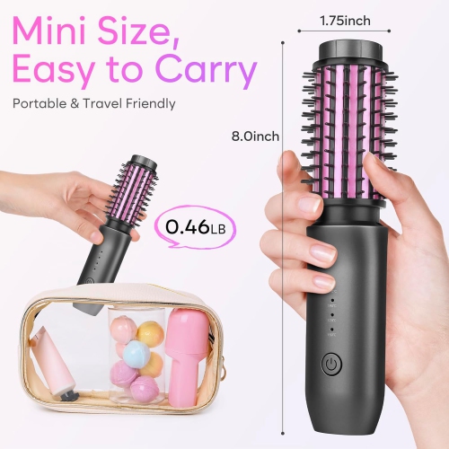 Cordless Curling Iron Brush,Portable Travel Curling Iron Mini Brush,USB Rechargeable Curling Wand Brush-Pink