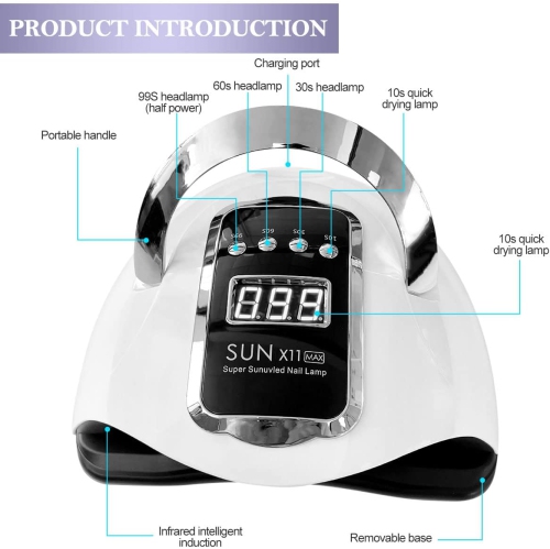 LED nail lamp 280W high power nail polish lamp automatic induction nail drying lamp with 4-speed timer settings 66LED nail polish curing lamp