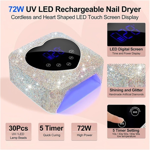 LED Nail Art Lamp 72W Wireless UV Nails with Rhinestone Heart Shape Nail Manicure Polish