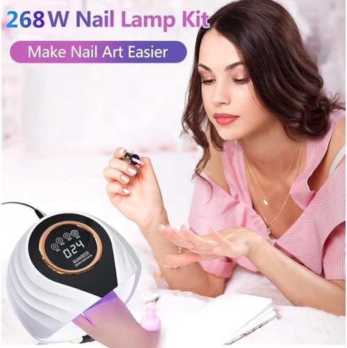 UV LED Nail Lamp, 268W Quick Dry Nail Lamp with 66 LEDs Automatic Sensor, Portable Handle Nail Dryer - White and Blue