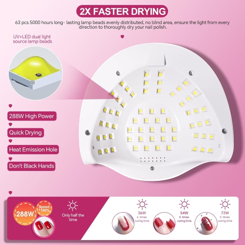 Lampe à ongles UV 288 W lampe UV pour ongles en gel LED lampe à ongles avec affichage LCD 4 réglages de minuterie et capteur automatique séchoir